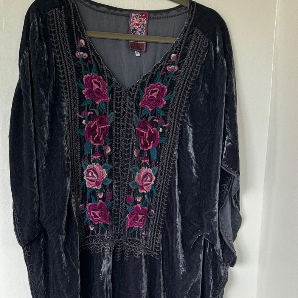 Johnny Was Gray Velvet Tunic/Poncho with Pink & Green Floral Embroidery